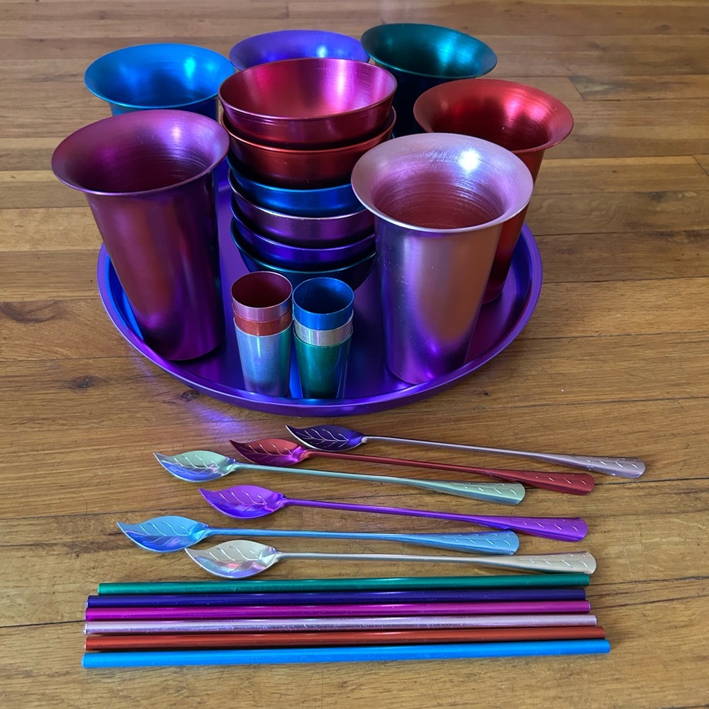 Vintage Aluminum Tray, Glasses, Shot Glasses, Cups, Straws and Stirrers